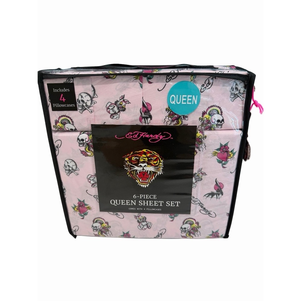 Ed Hardy 6-Piece Pink QUEEN Sheet Set Skull Bunny w/4 Pillowcases New